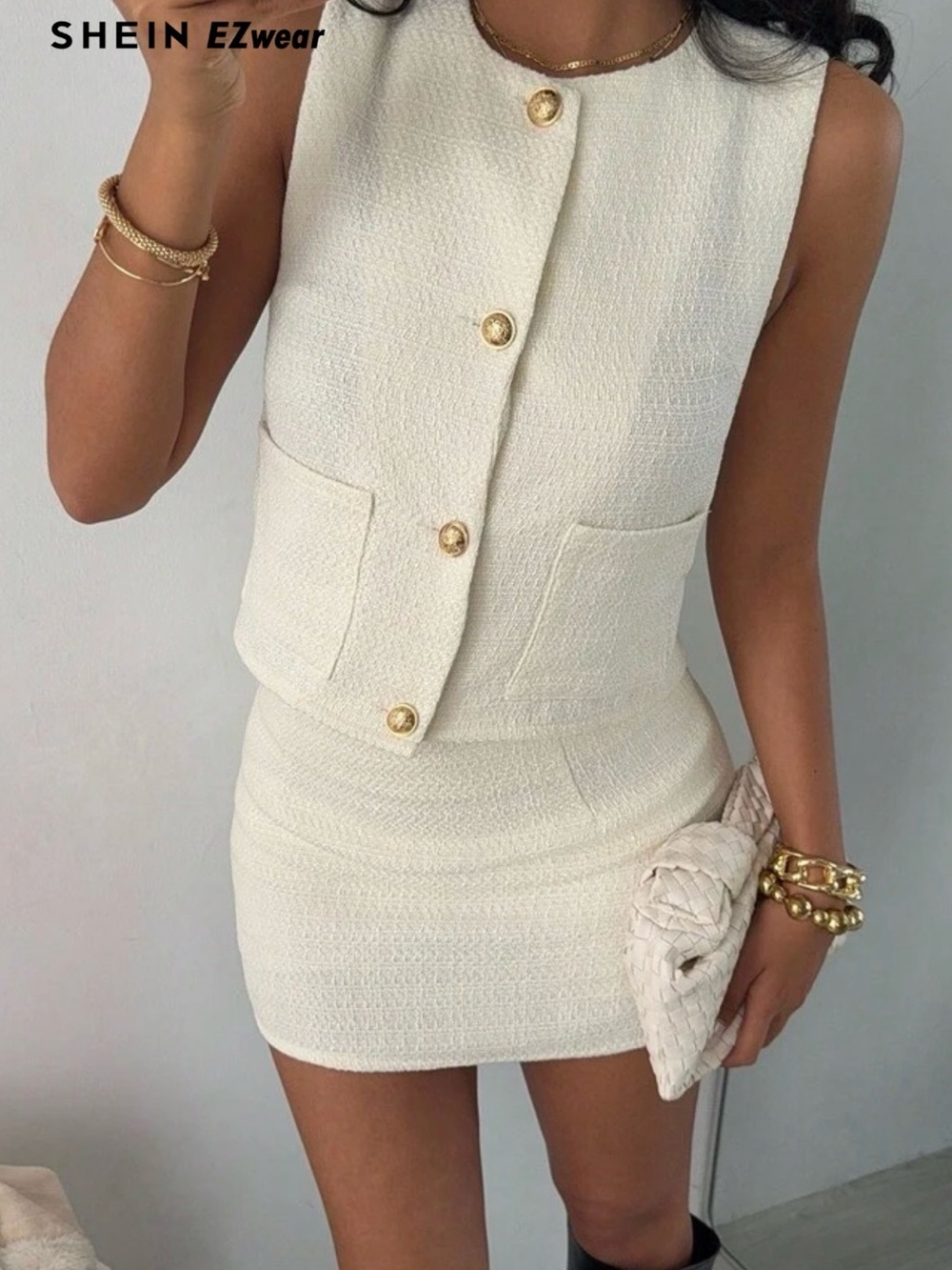 SHEIN Cream Tweed Sleeveless Button-Front Mini Dress